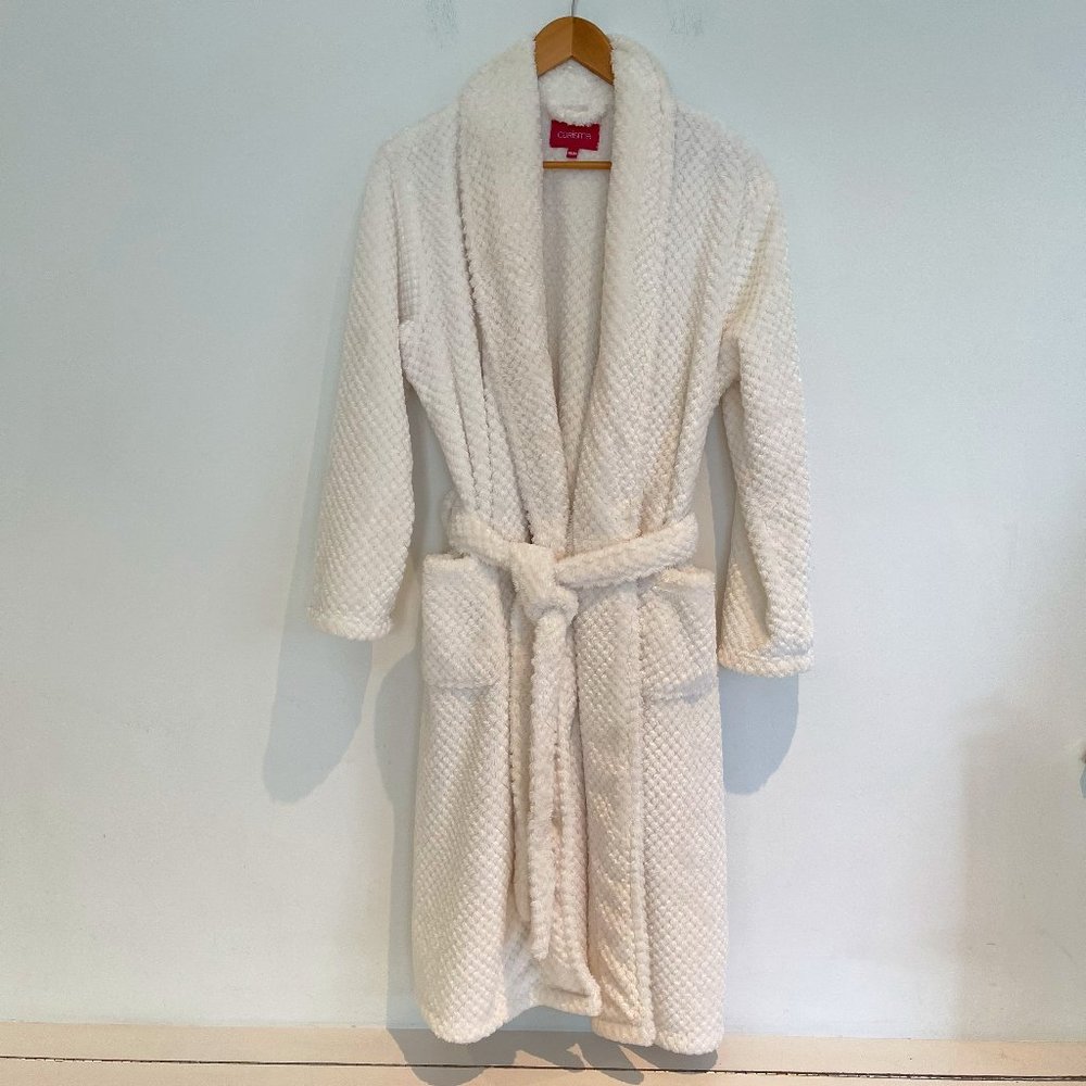 Carisma Women White Belted Pockets Cuddly Fuzzy Brushed Fleece Bathrobe Size M